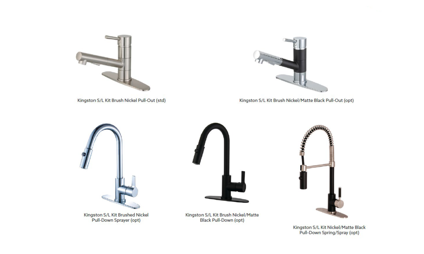 Faucet color/design options: Kingston S/L Kitchen Brushed Nickel Pull-Out, Kingston S/L Kitchen Brushed Nickel/Matte Black Pull-Out, Kingston S/L Kitchen Brushed Nickel Pull-Down, Kingston S/L Kitchen Brushed Nickel/Matte Black Pull-Down, Kingston S/L Kitchen Brushed Nickel/Matte Black Pull-Down Spring/Spray.
