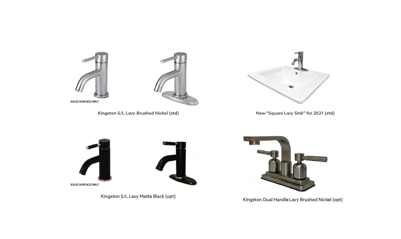 Faucet color options: Kingston S/L Lavatory Brushed Nickel, New "Square Lavatory Sink" for 2021, Kingston S/L Lavatory Matte Black, Kingston Dual Handle Lavatory Brushed Nickel.