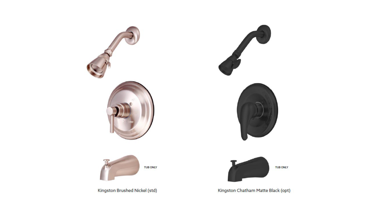 Color options for shower faucets and handles: Kingston Brushed Nickel and Kingston Chatham Matte Black.