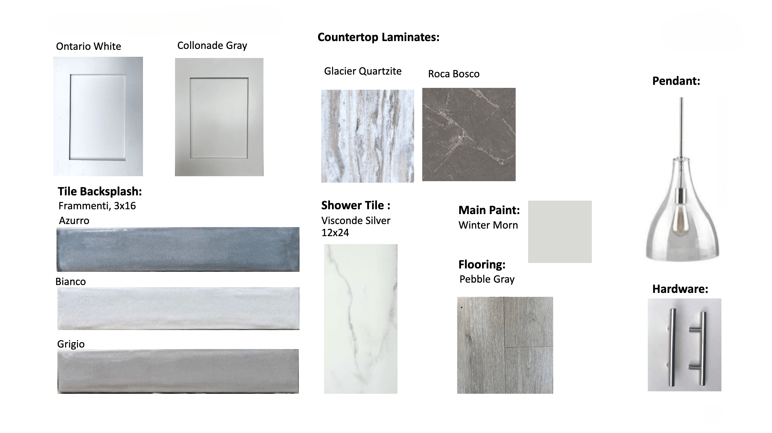 Text: Ontario White and Colonnade Gray Countertop laminates: Glacier Quartzite and Roca Bosco Tile backsplash: Azzurro, Bianco, Grigio Shower tile: Visconde Silver Main paint: Winter Morn Flooring: Pebble Gray