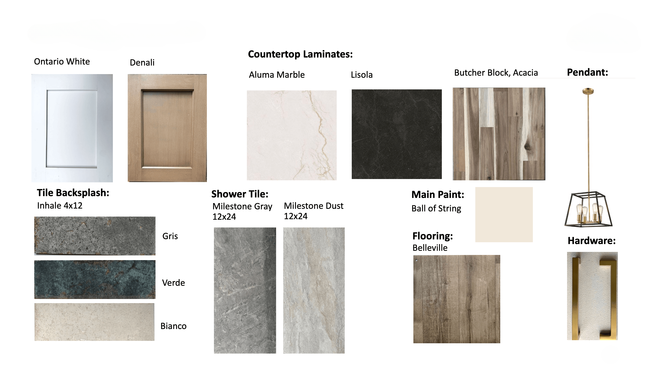 Text: Ontario White and Coffee Cherry Countertop laminates: Calacatta Lincoln and Roca Bosco Main paint: Sugar Swizzle Tile backsplash: Lighthouse Mist/Stairs, Lighthouse Sand/Stairs, Lighthouse Twilight/Stairs, Lighthouse Mist/Plain, Lighthouse Sand/Plain, Lighthouse Twilight/Plain Shower tile: Bryne Mist and Bryne Coastline Flooring: Belleville