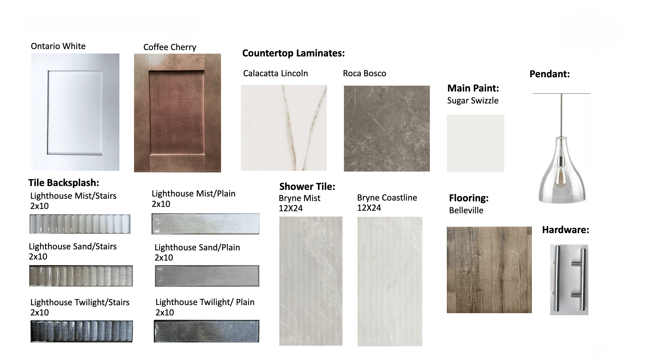 Text: Ontario White and Coffee Cherry Countertop laminates: Calacatta Lincoln and Roca Bosco Main paint: Sugar Swizzle Tile backsplash: Lighthouse Mist/Stairs, Lighthouse Sand/Stairs, Lighthouse Twilight/Stairs, Lighthouse Mist/Plain, Lighthouse Sand/Plain, Lighthouse Twilight/Plain Shower tile: Bryne Mist and Bryne Coastline Flooring: Belleville