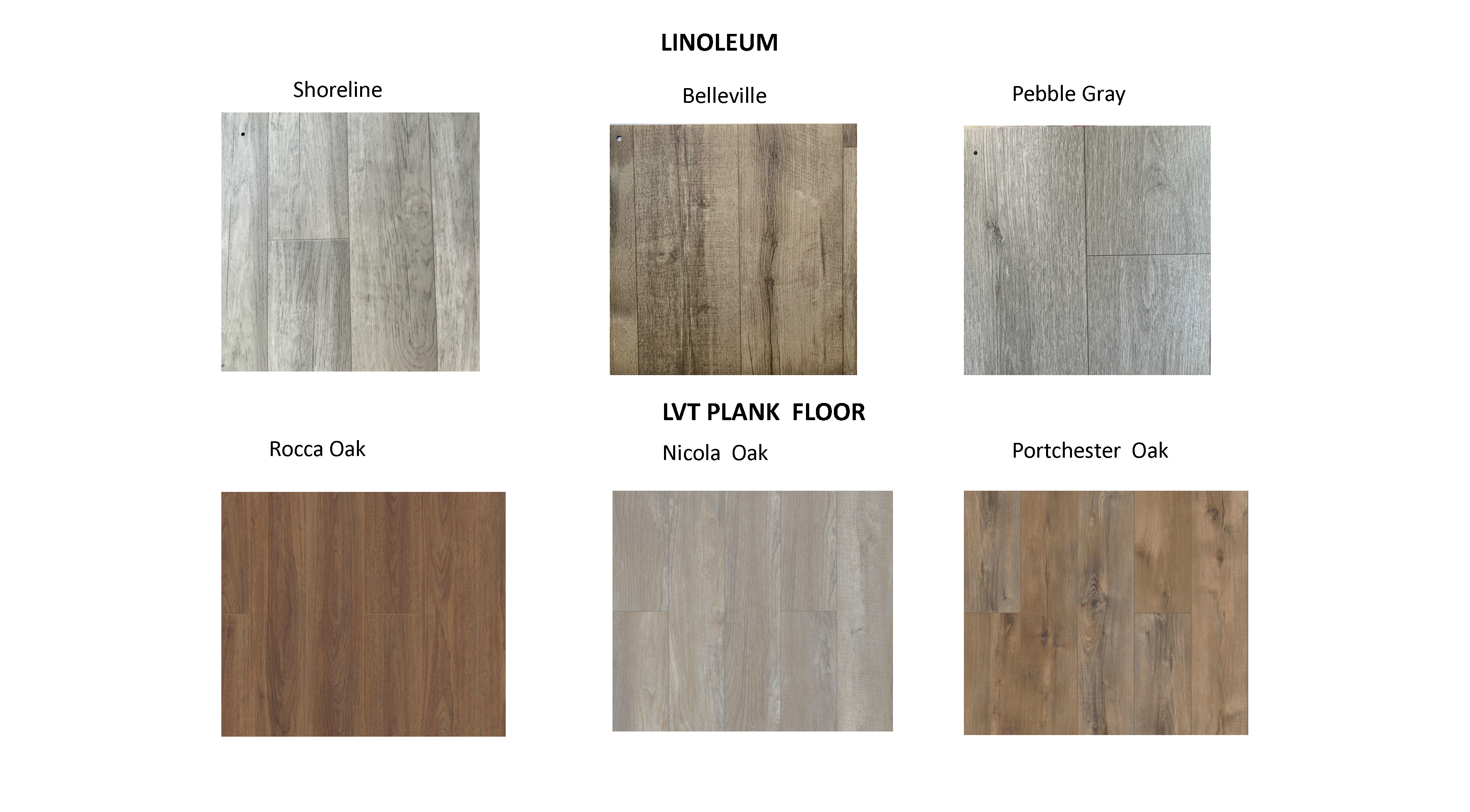 Wood floor colors: Shoreline, Belleville, Pebble Gray, Rocca Oak, Nicola Oak, Protester Oak