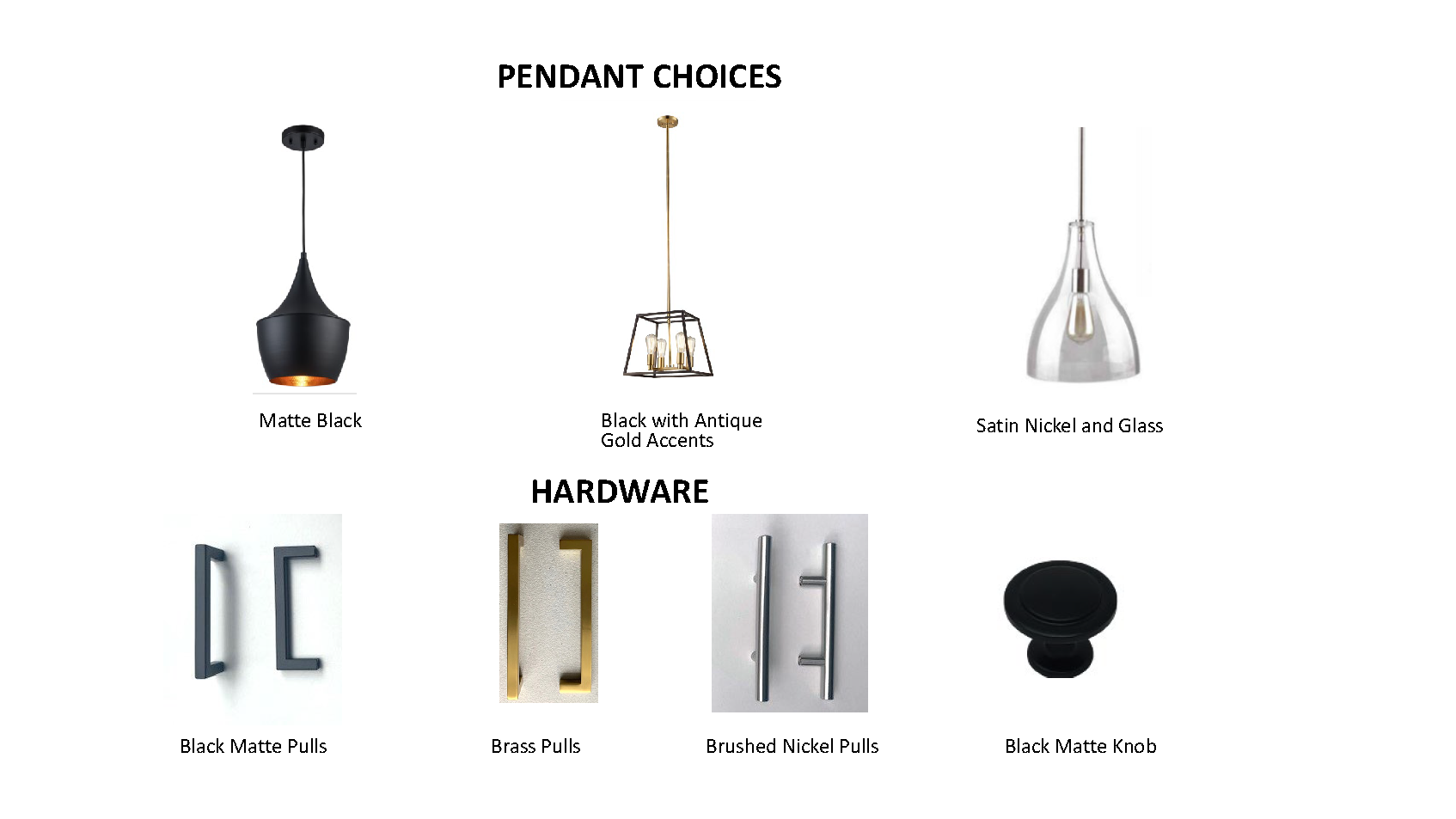 Pendant choices: Matte Black, Black with Antique Gold Accents, Satin Nickel Glass. Hardware options: Black Matte Pulls, Brass Pulls, Brushed Nickel Pulls, Black Matte Knob.