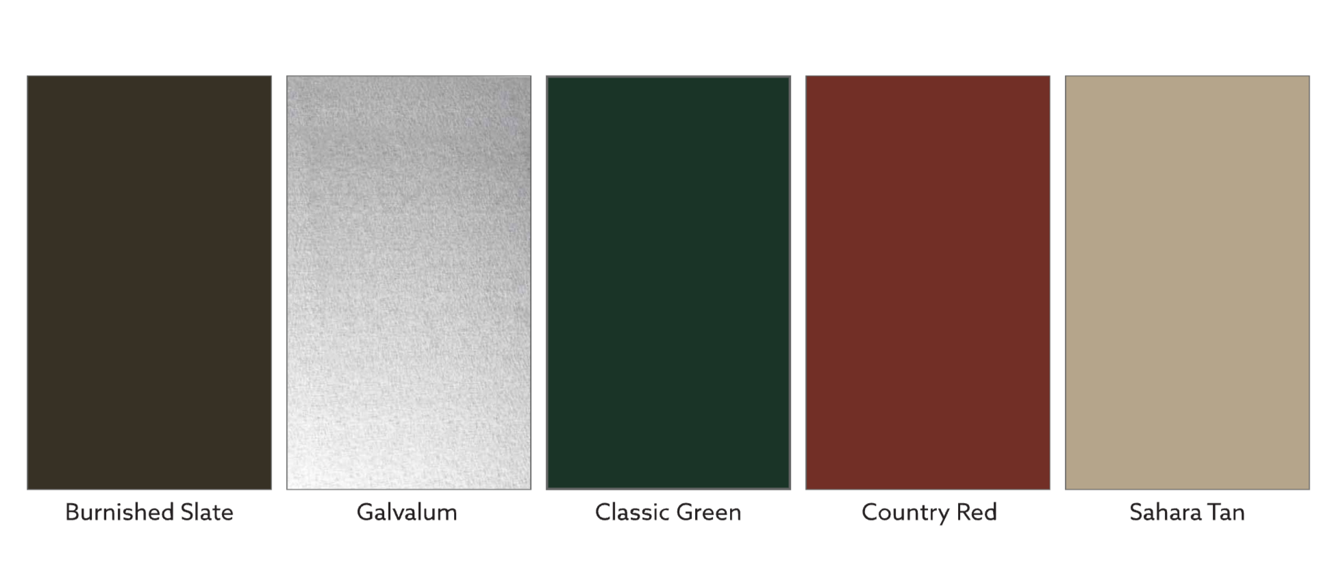 Color swatches: Burnished Slate, Galvalume, Classic Green, Country Red, Sahara Tan.