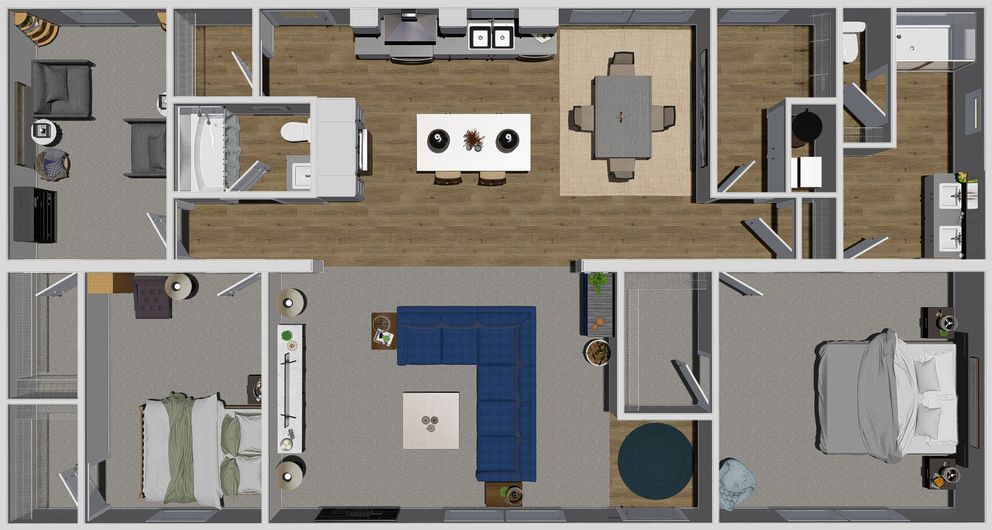 Home layout with three bedrooms, open layout kitchen, living room, and dining room, two bathrooms, and a large utility closet