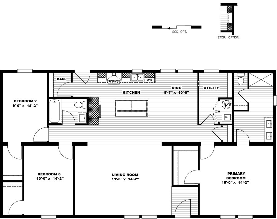 Home blueprint with three bedrooms, open layout kitchen, living room, and dining room, two bathrooms, and a large utility closet