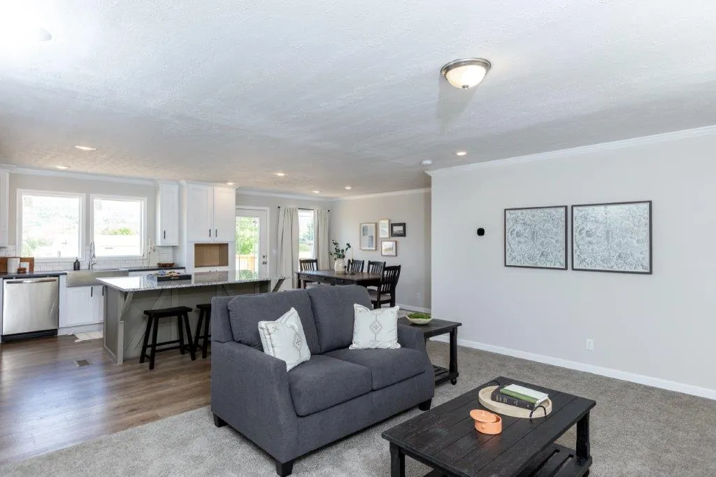 Open concept living room, dining room, and kitchen