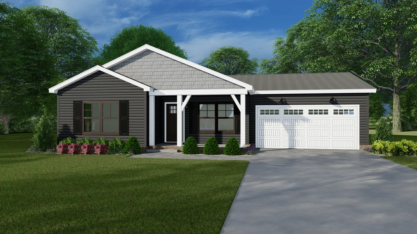 Green house with white garage
